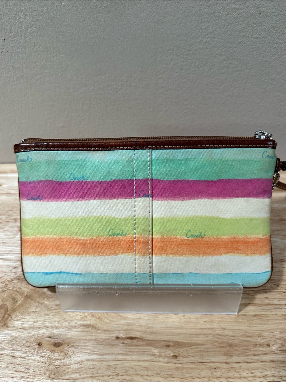 Coach Striped Multicolor Canvas Wristlet with Brown Leather Trim - Picture 8 of 15